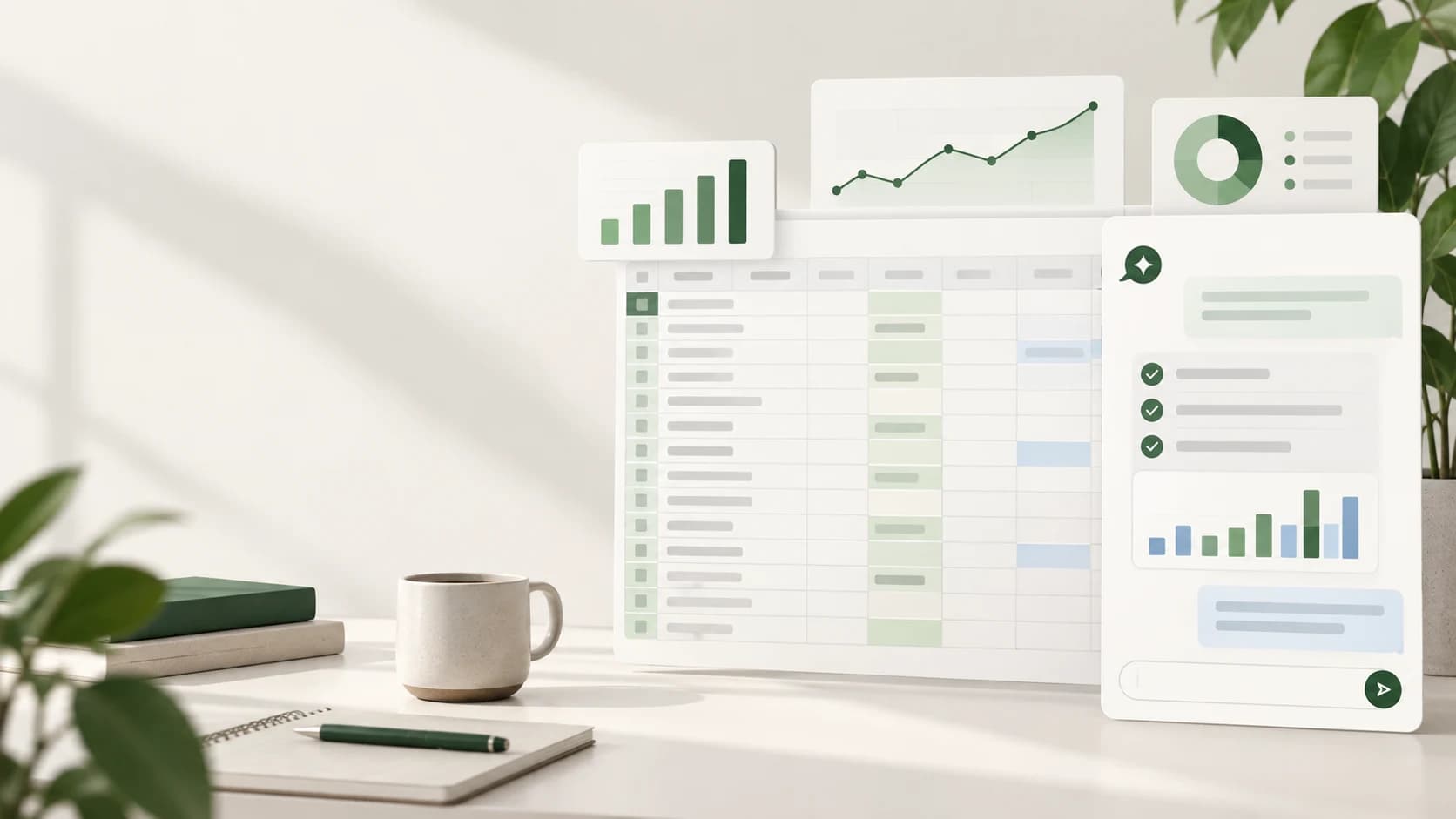 A spreadsheet workspace with charts and an assistant panel