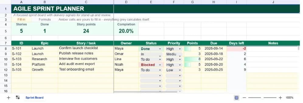 Agile Sprint Planner spreadsheet preview