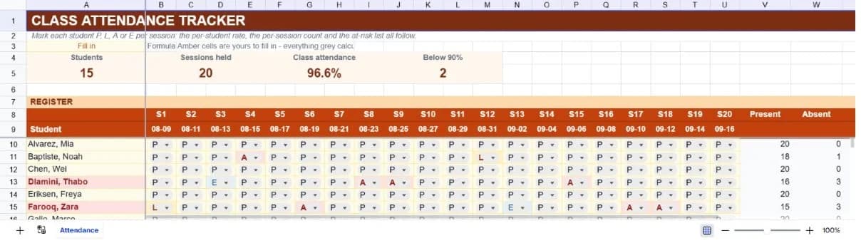 Class Attendance Tracker spreadsheet preview