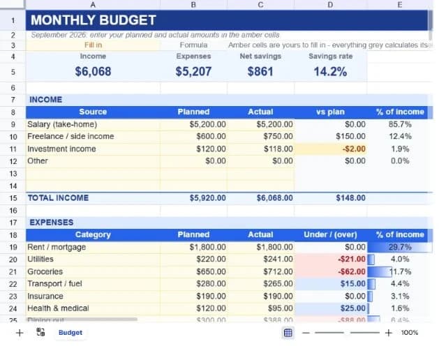 Personal Budget Tracker spreadsheet preview