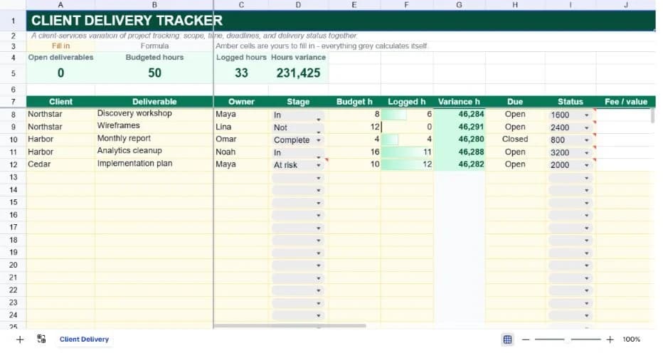 Client Delivery Tracker spreadsheet preview