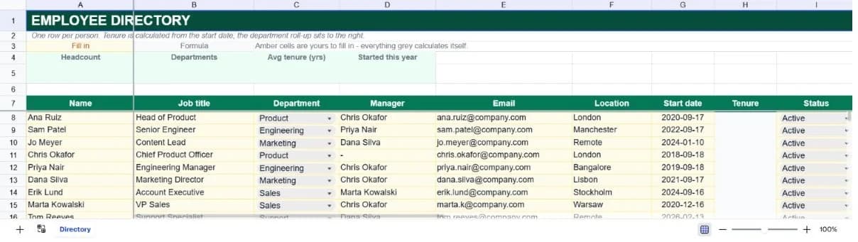 Employee Directory & Org Chart spreadsheet preview