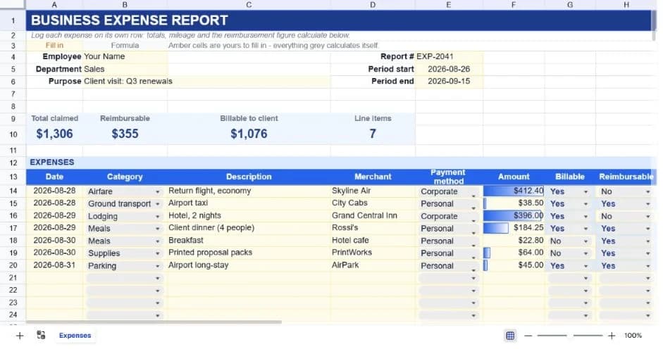 Business Expense Report spreadsheet preview