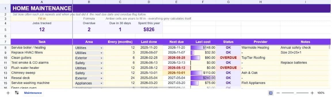Home Maintenance Tracker spreadsheet preview
