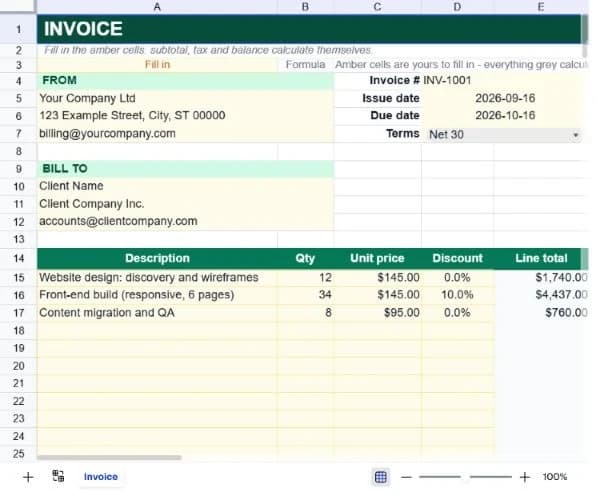 Professional Invoice spreadsheet preview