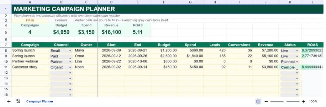 Marketing Campaign Planner spreadsheet preview