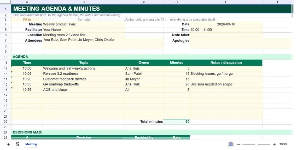 Meeting Agenda & Minutes spreadsheet preview