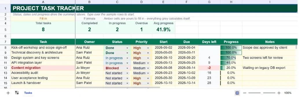 Project Task Tracker spreadsheet preview