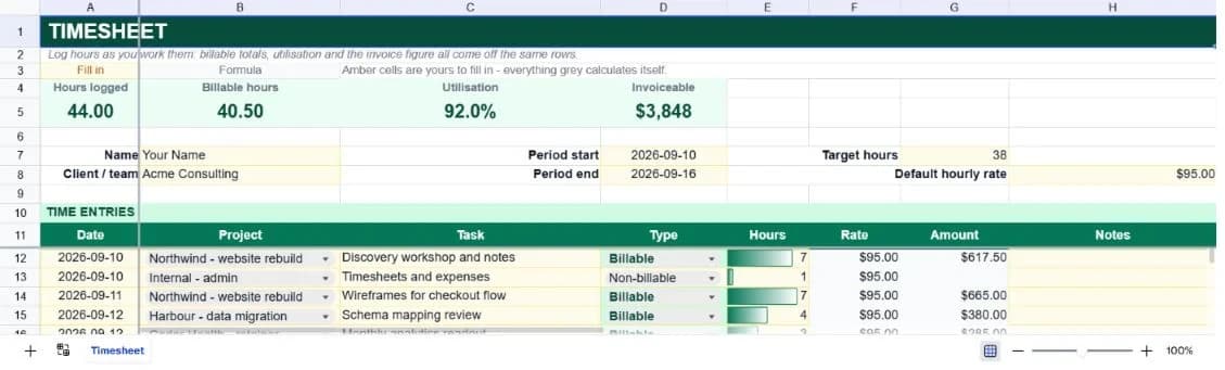 Weekly Timesheet & Billable Hours spreadsheet preview