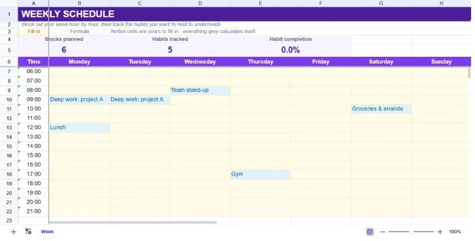Weekly Schedule Planner spreadsheet preview