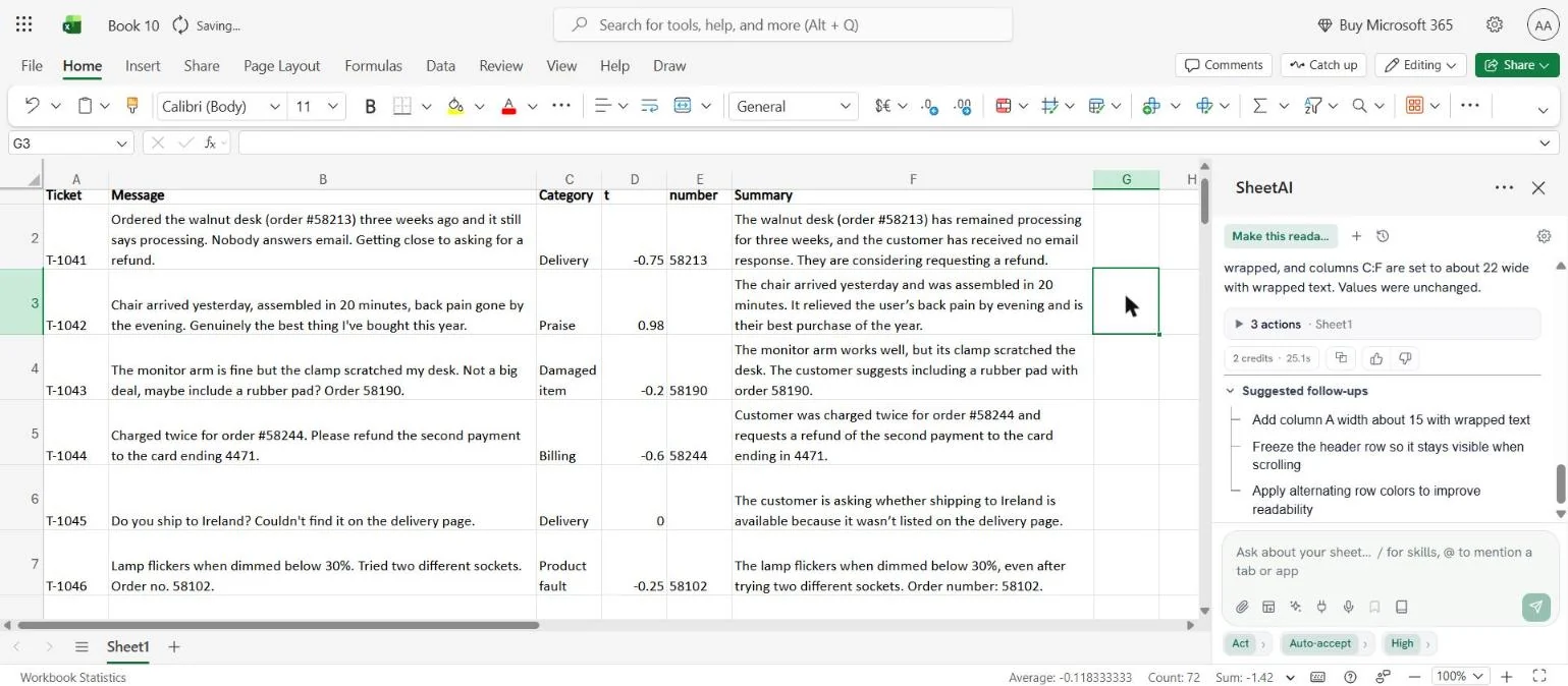 Excel on the web with tickets T-1041 to T-1046. Columns: Category, Sentiment, Order number, Summary. T-1041 stuck walnut desk: Delivery, -0.75, 58213. T-1042 delighted chair customer: Praise, 0.98, no order number. T-1043 scratched desk from monitor arm clamp: Damaged item, -0.2, 58190. T-1044 charged twice: Billing, -0.6, 58244. T-1045 do you ship to Ireland: Delivery, 0, no order number. T-1046 flickering lamp: Product fault, -0.25, 58102. Each row has a one-sentence summary.