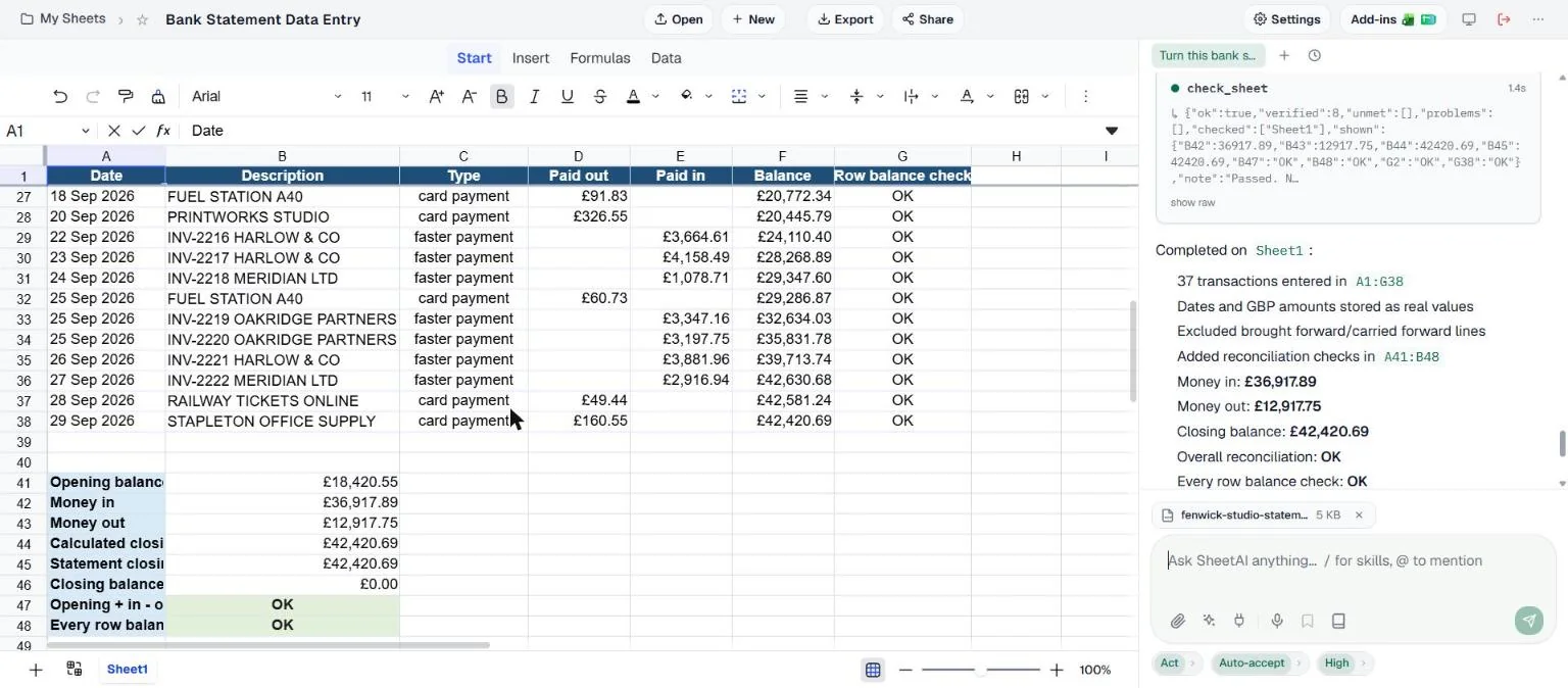 The bottom of the table, rows 27 to 38, followed by a reconciliation block: opening balance £18,420.55, money in £36,917.89, money out £12,917.75, calculated closing £42,420.69, statement closing £42,420.69, closing balance difference £0.00, and two green OK cells for the overall check and the row-by-row check.