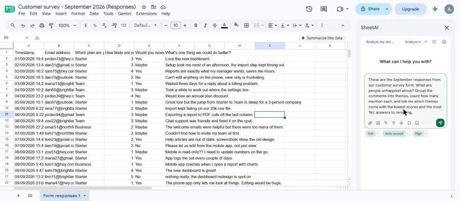 A Google Sheet named Customer survey - September 2026 (Responses), tab Form responses 1, with Timestamp, Email address, plan, score, renewal and comment columns. The SheetAI sidebar on the right is in Ask mode with the question about grouping comments into themes typed into the chat box.