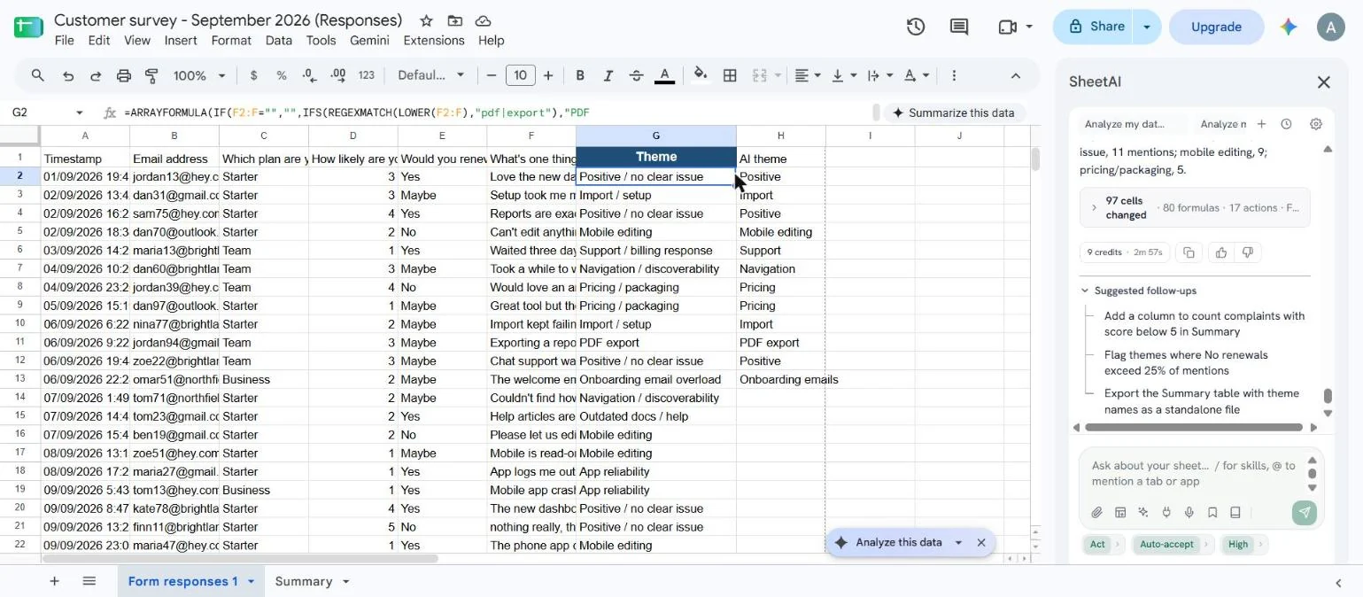 The top of the Form responses tab with cell G2 selected. The formula bar shows =ARRAYFORMULA(IF(F2:F="","",IFS(REGEXMATCH(LOWER(F2:F),"pdf|export"),"PDF ... Column G holds the keyword themes and column H, headed AI theme, holds AI_CLASSIFY results for rows 2 to 13, which match column G on every row.