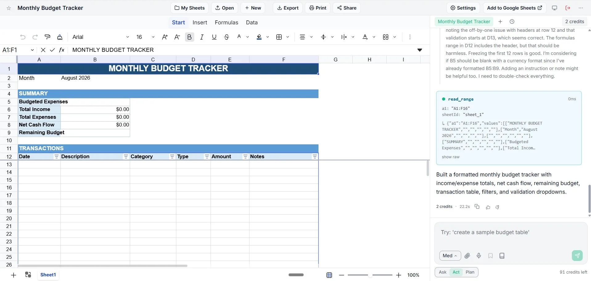 A monthly budget tracker in SheetAI: a title banner, a summary panel showing total income, total expenses, net cash flow and remaining budget, and a transaction table with Date, Description, Category, Type, Amount and Notes columns.