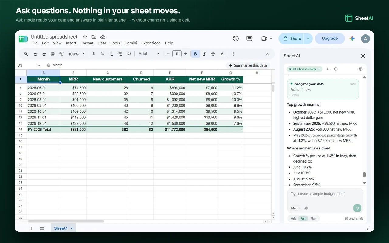 SheetAI's Ask mode answering which months drove the most growth, in plain language, without changing a single cell in the spreadsheet.
