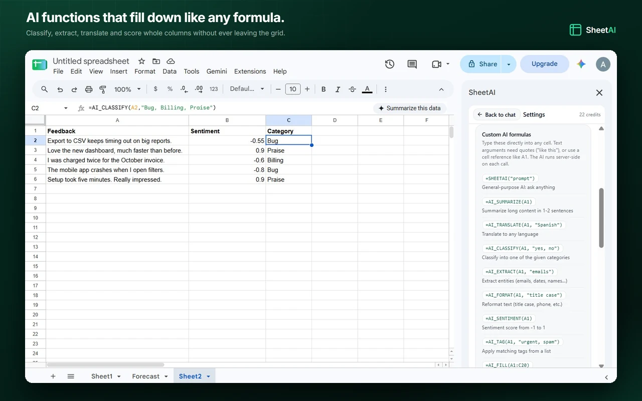 The =AI_SENTIMENT and =AI_CLASSIFY custom functions filled down a column of customer feedback in Google Sheets, with SheetAI's function reference open in the sidebar.